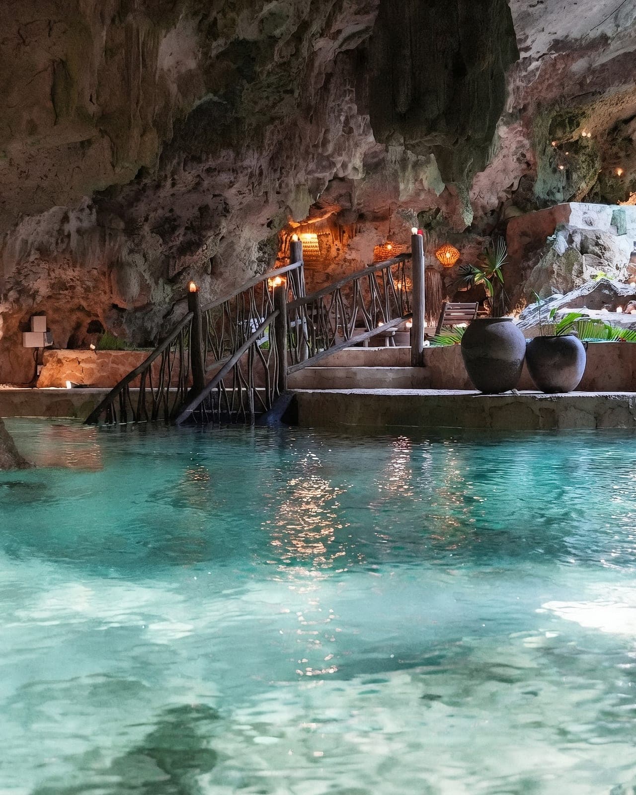 The glassy cenote at water level, the candlelit twig bridge and clay urns across the pool