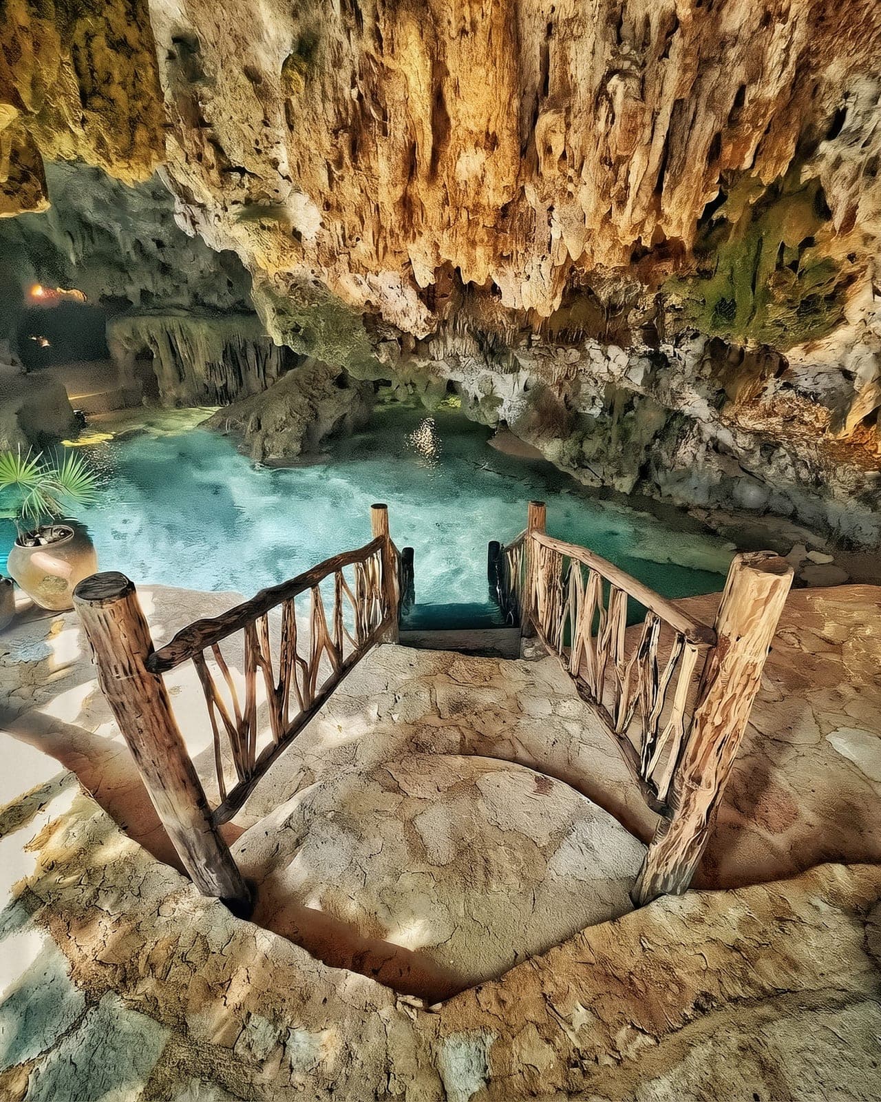 Stone steps with branch railings descending into the turquoise water beneath the golden stalactite ceiling
