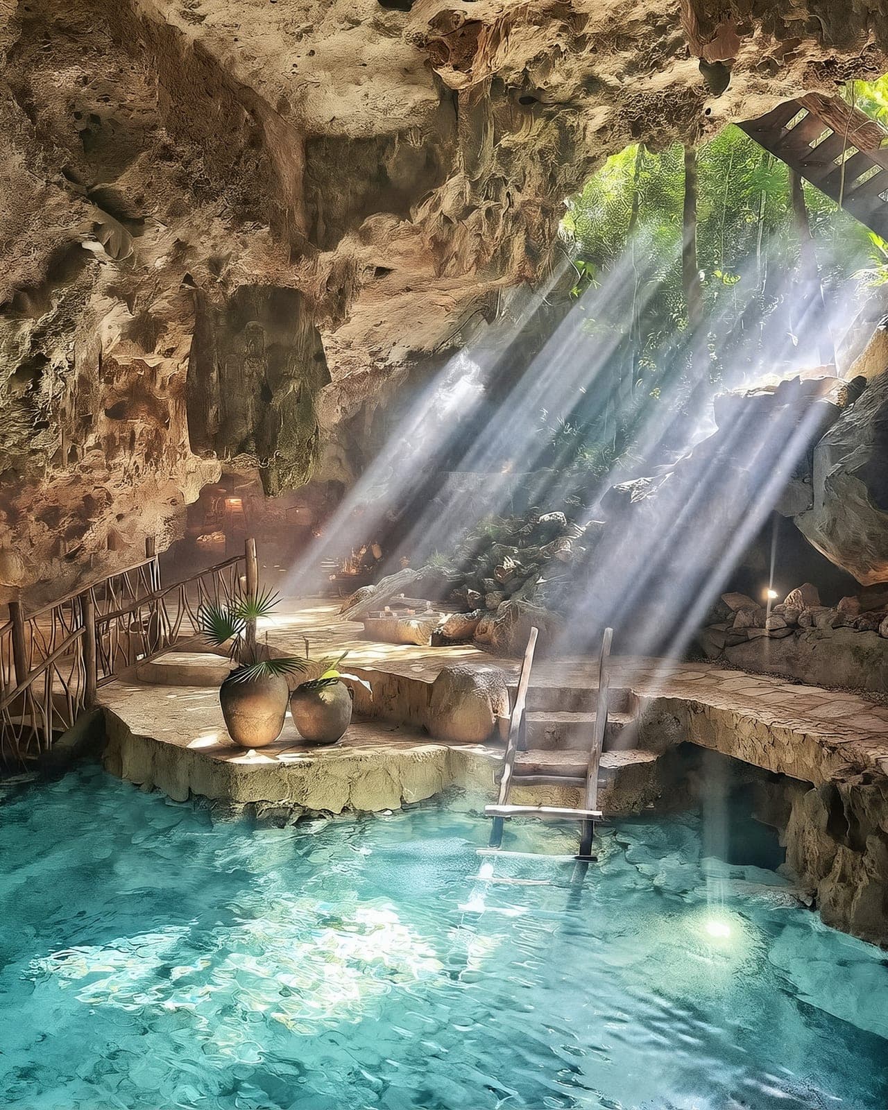 Light falling on the cenote pool, a wooden ladder into the water and palms in clay urns