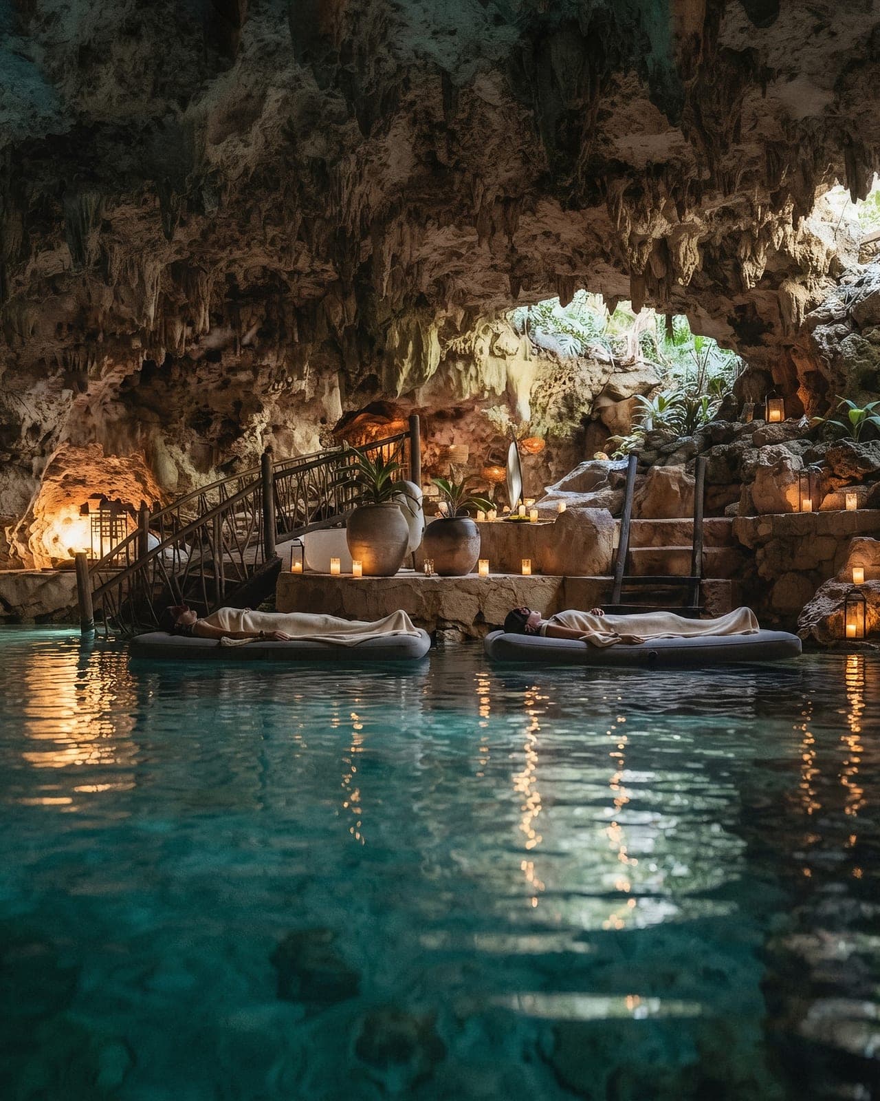 Two guests floating side by side on the cenote, candles burning along the stone ledge behind them