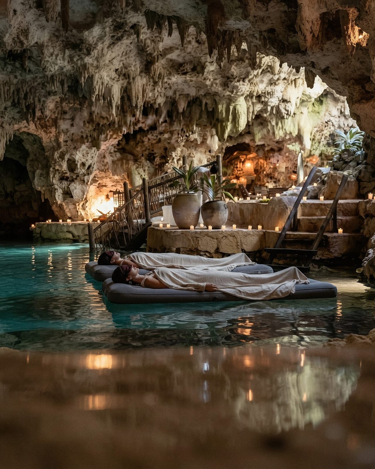 The cenote at water level, two guests wrapped in blankets drifting beneath the stalactite ceiling