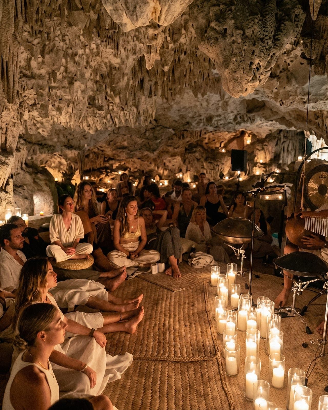A circle of guests seated on mats among candles, gongs ranged behind them in the cave