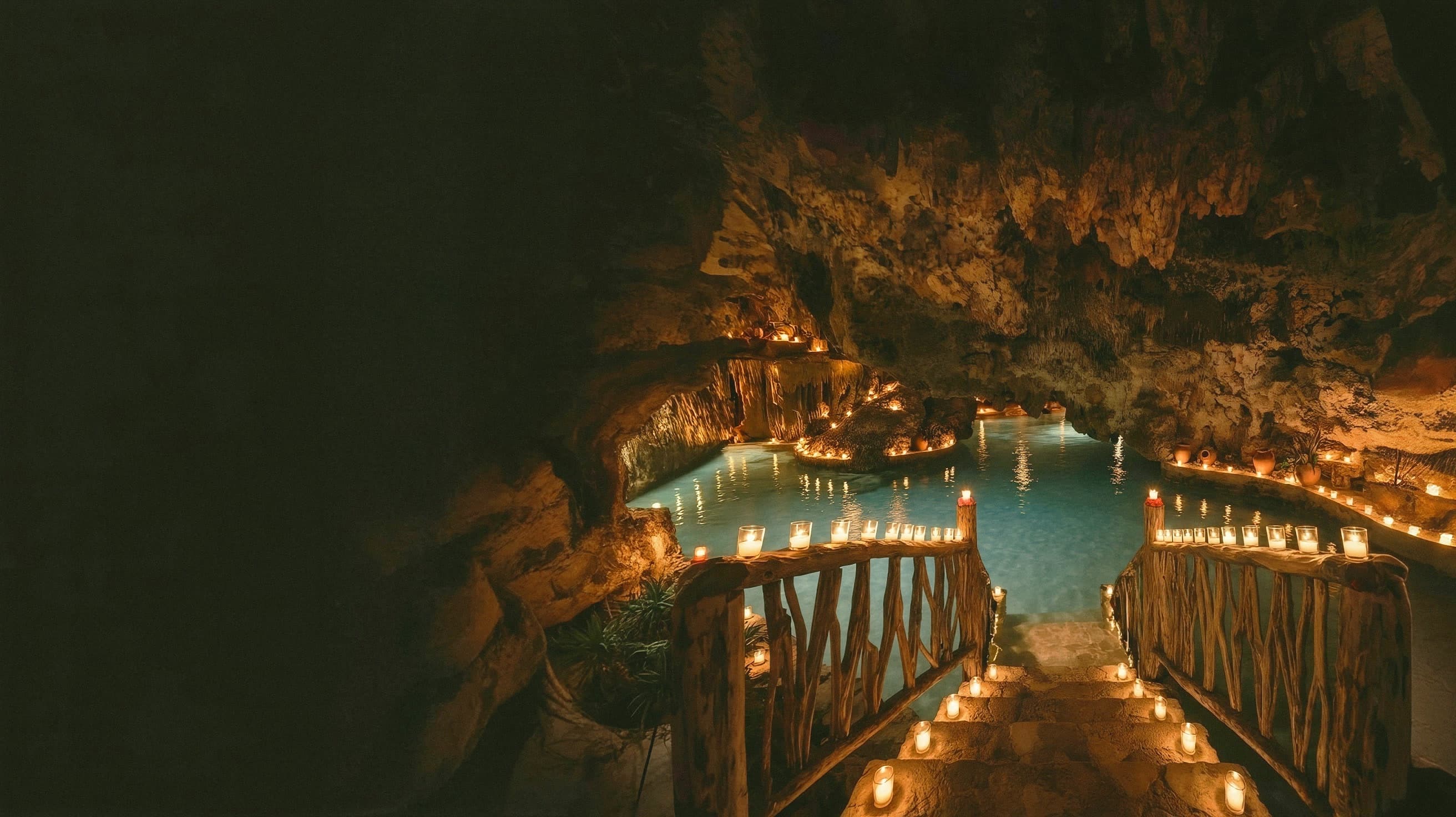 The cenote under hundreds of candles after dark, votives along the stone stair, the railings and the water's edge