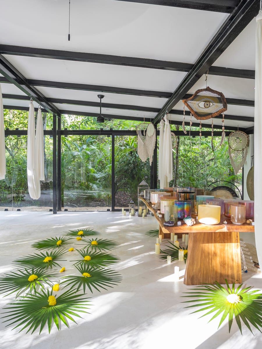 White silk hammocks in the glass Sound Temple
