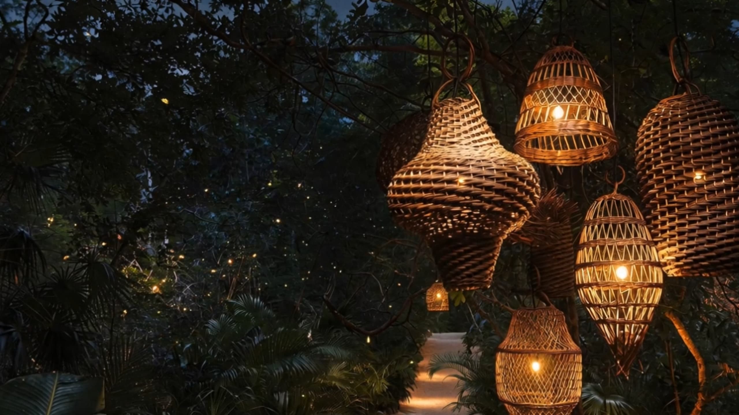 Woven rattan lanterns lit along the jungle path at night