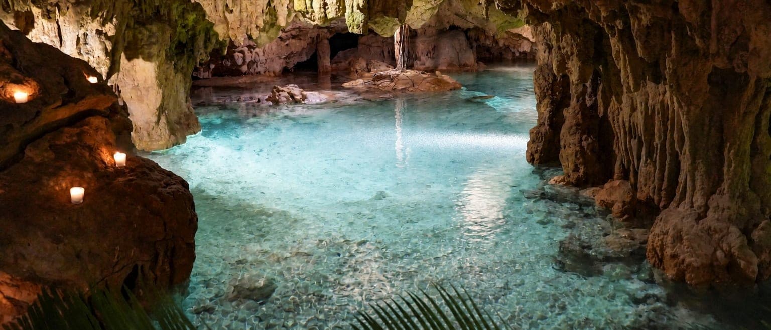 Candlelight reflected on the green water of the cenote