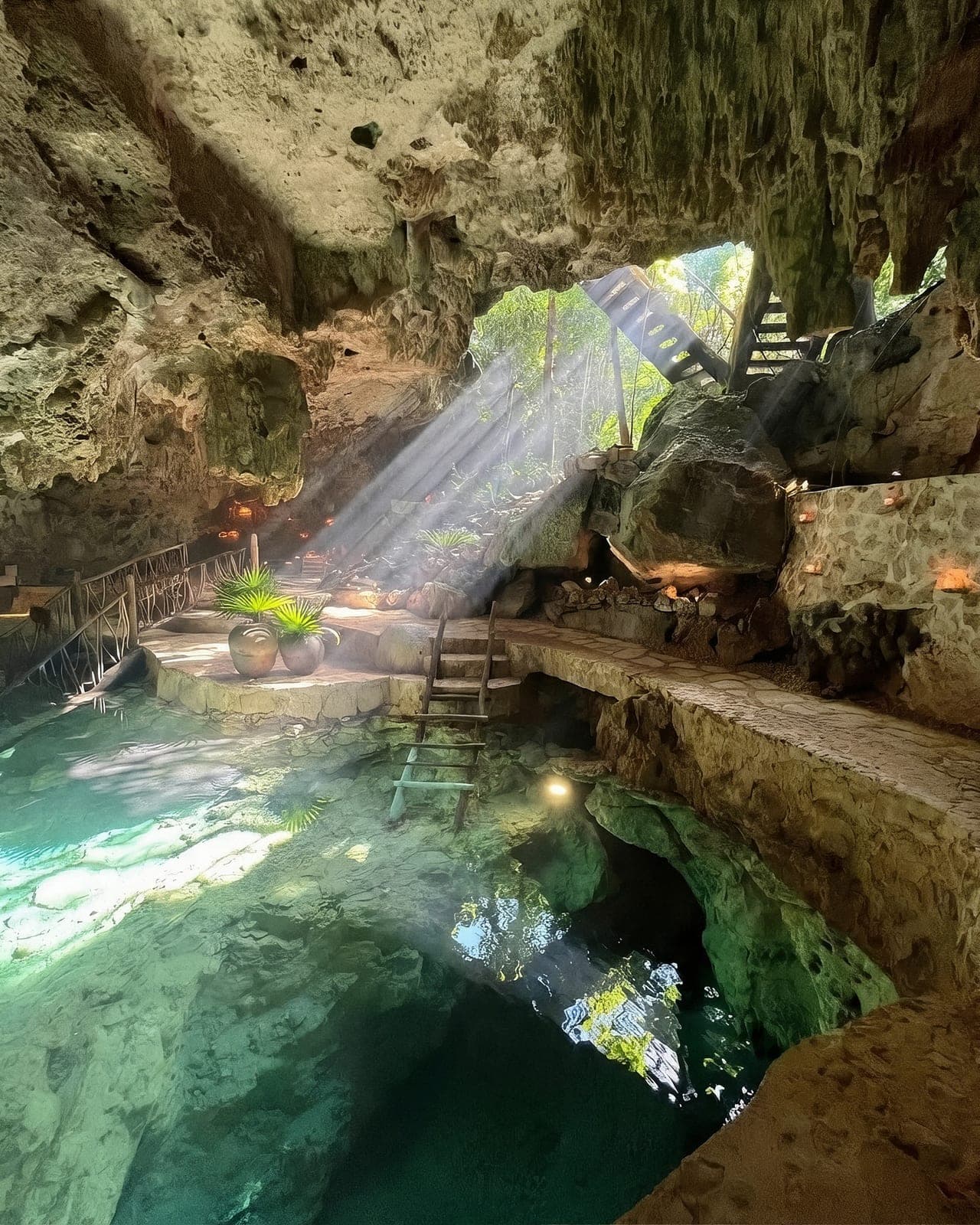 God rays streaming through the cave opening onto the turquoise cenote