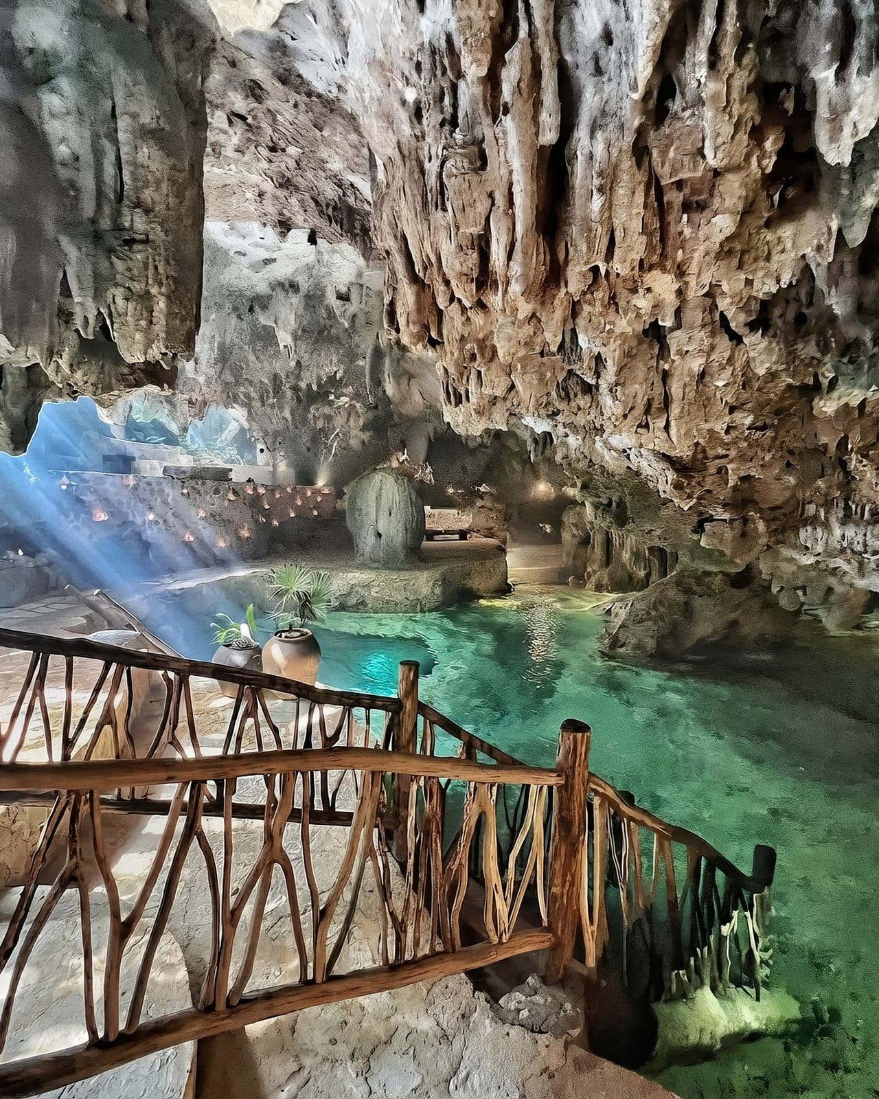 El andador curvándose sobre el cenote hacia escalones de piedra con velas y un haz de luz