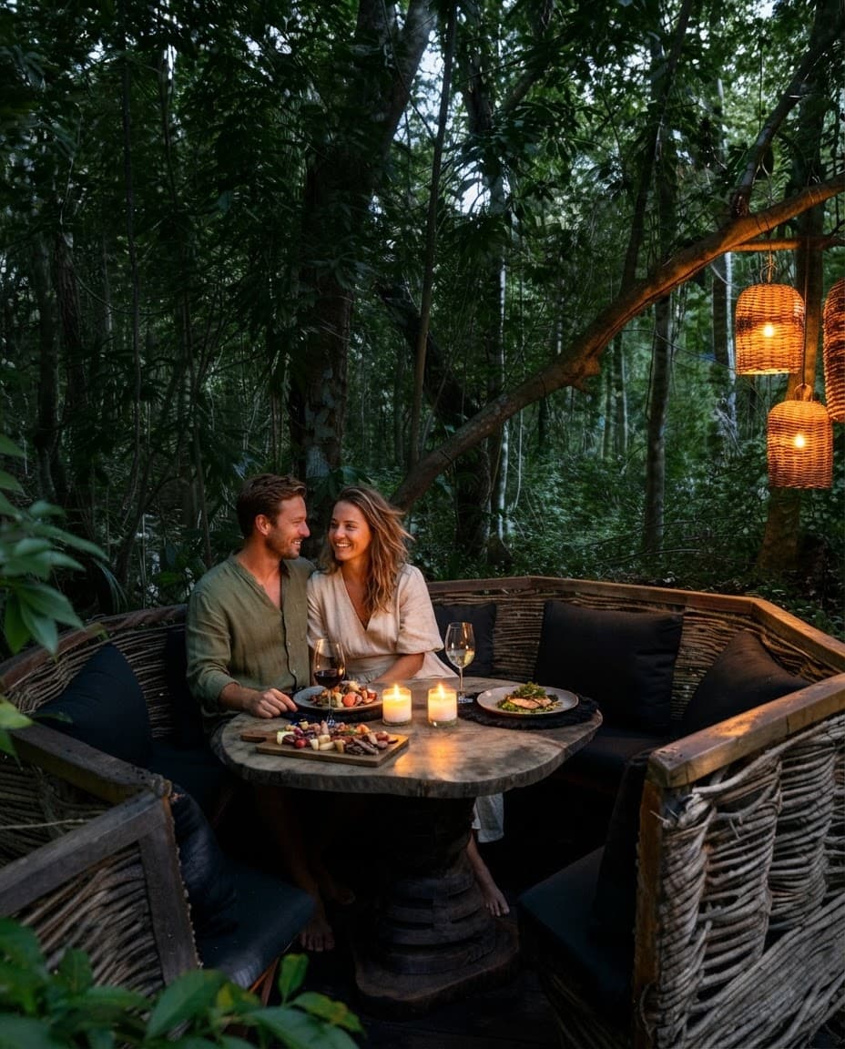A couple at the candlelit table in El Nido at dusk, the woven lanterns glowing amber on the branch beside them