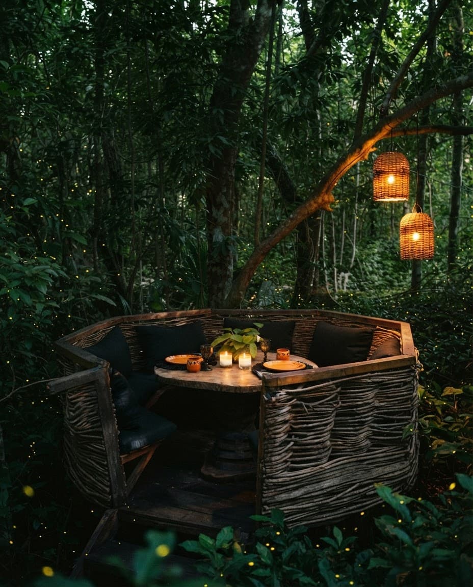 El Nido from outside at dusk, the woven nest lit from within, lanterns on the branch and fireflies in the leaves