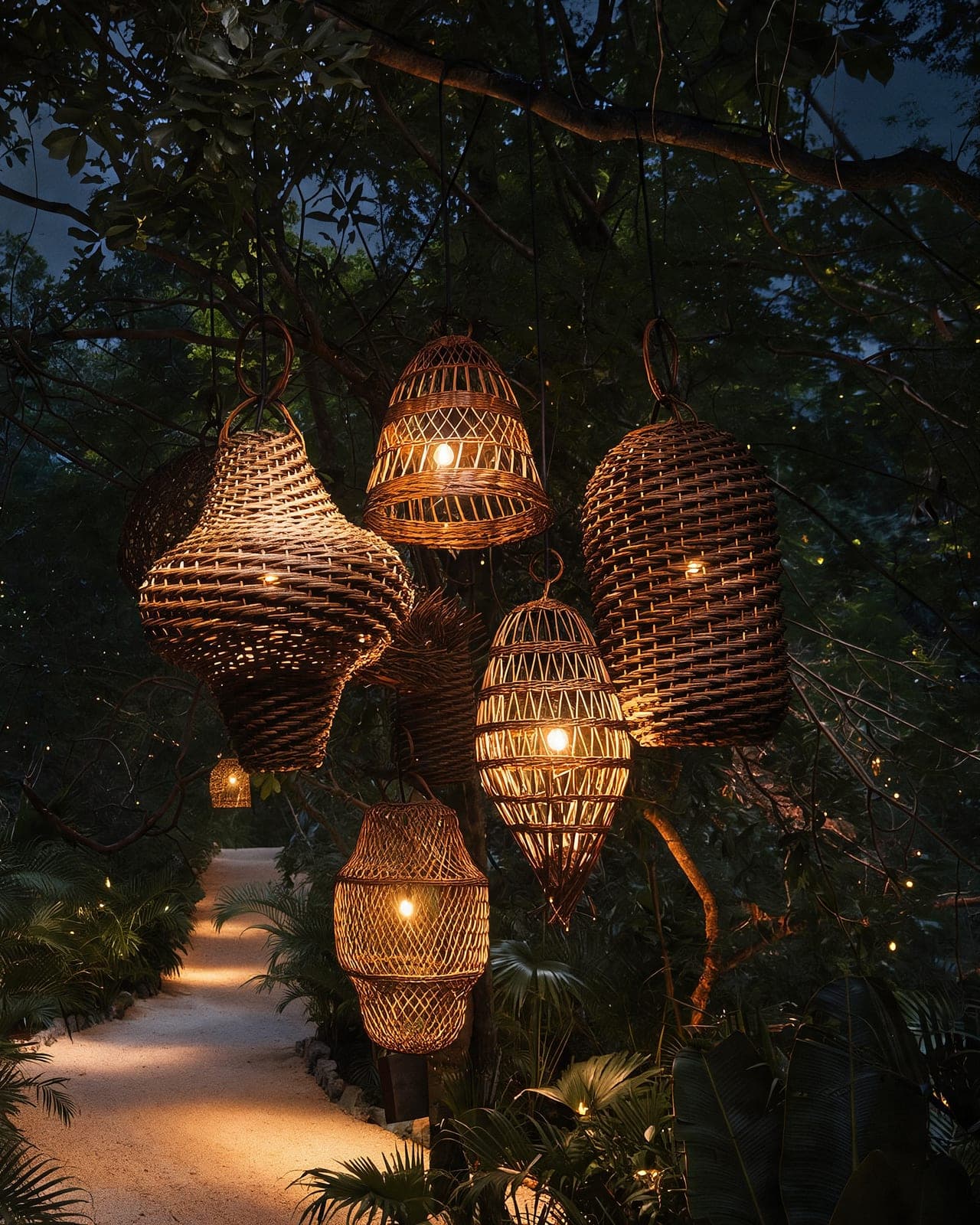 The woven lanterns lit at night above the pale gravel path into the sanctuary