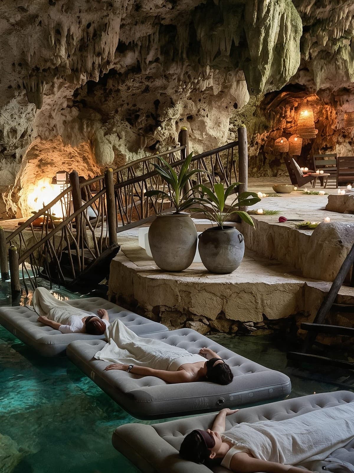 Three guests on floating mattresses on the turquoise cenote, the twig bridge, clay urns and candles on the stone ledge above them