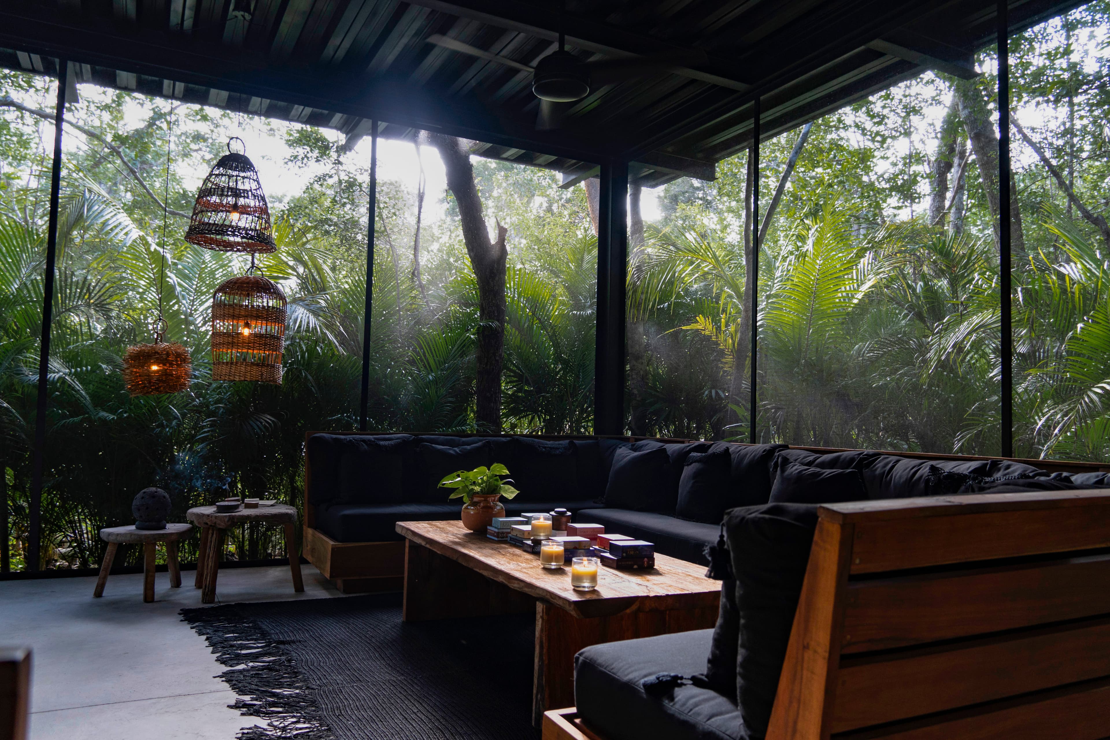The oracle decks and candles laid out on the wooden table, the jungle pressing against the glass behind