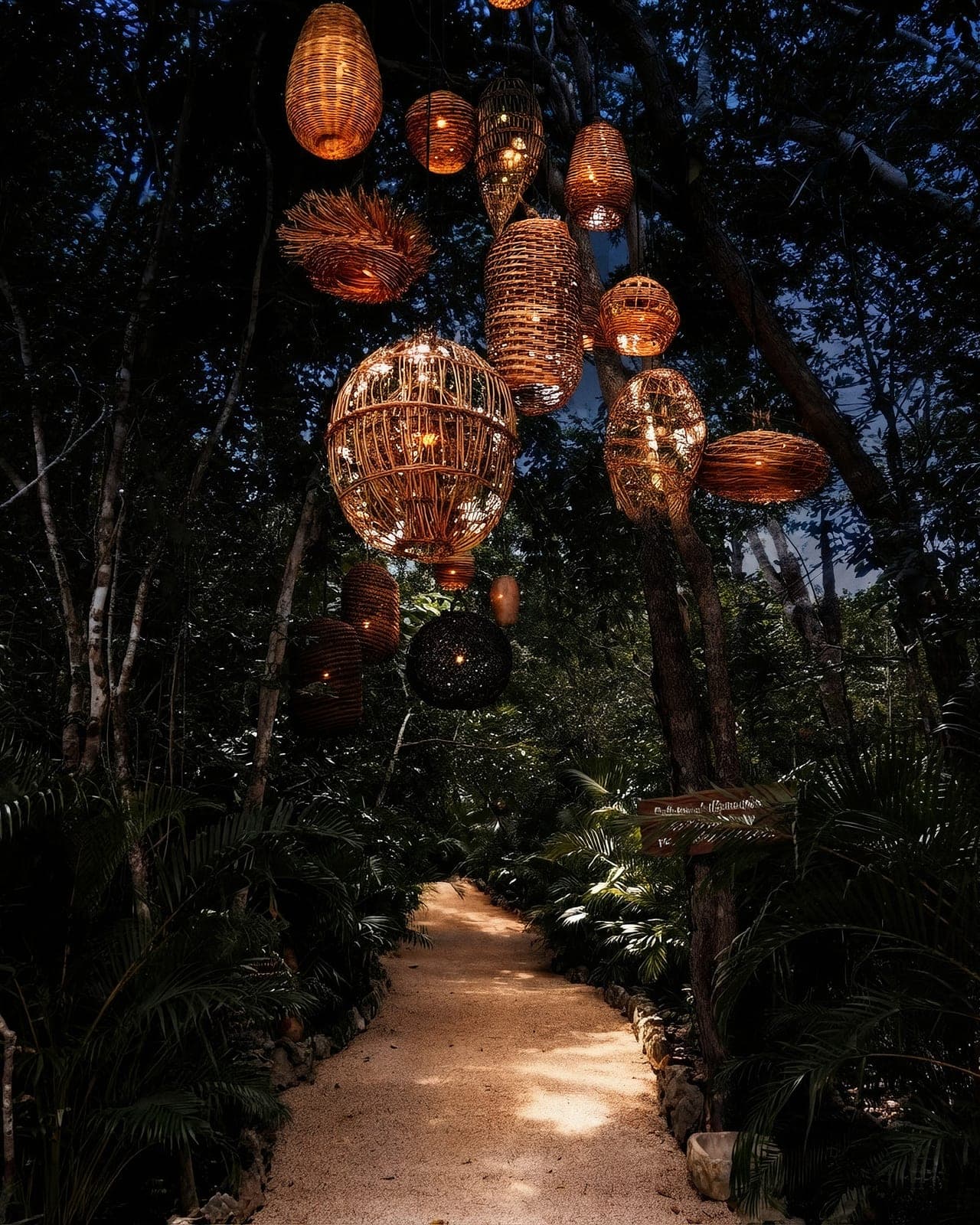 The cluster of woven lanterns lit at night above the path that arrives at the sanctuary