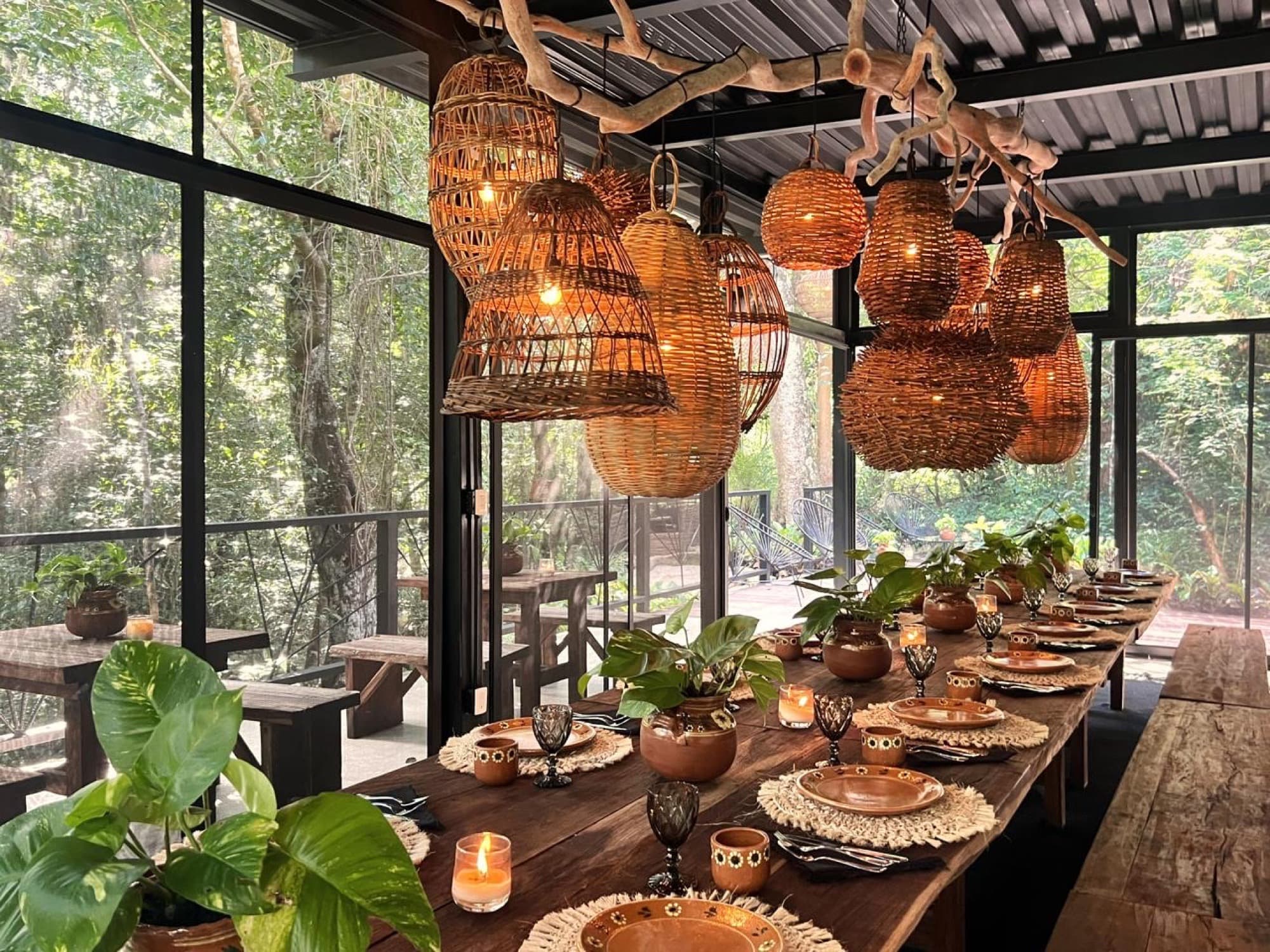 The long table laid for lunch beneath the woven baskets, jungle through the glass walls