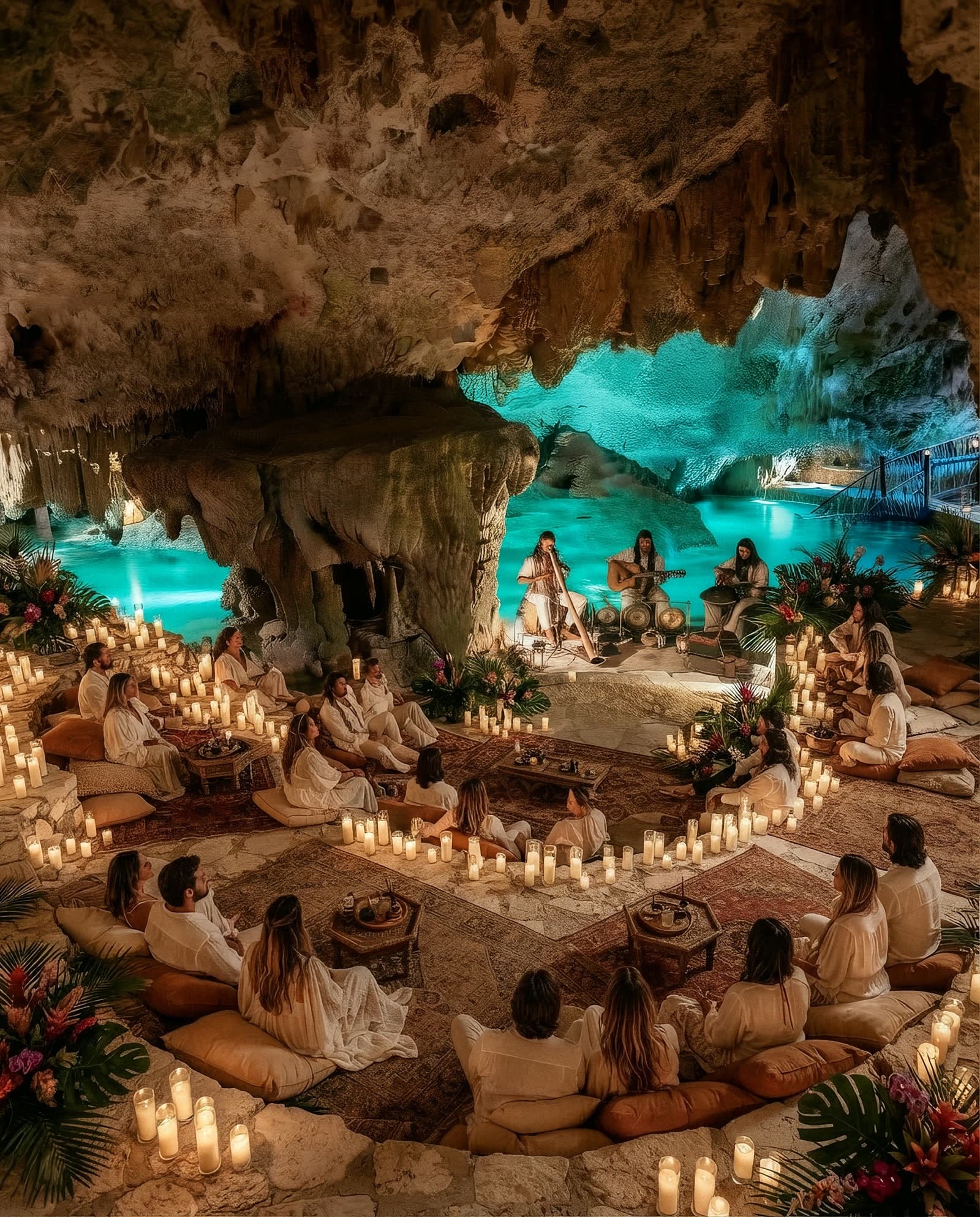 A private concert in the cave: musicians on the stone platform, guests seated on cushions around the turquoise water