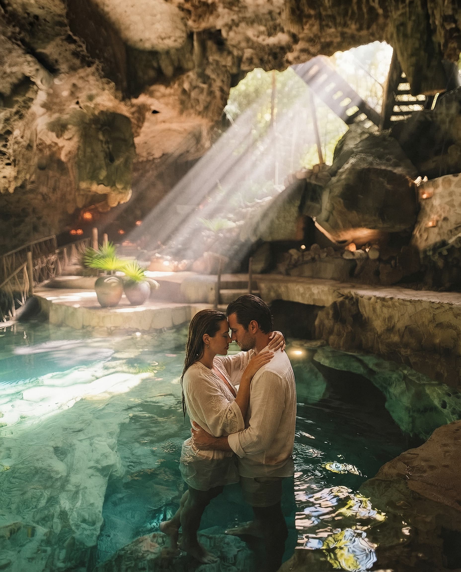 A couple embracing waist-deep in the turquoise cenote, a sunbeam falling through the cave opening