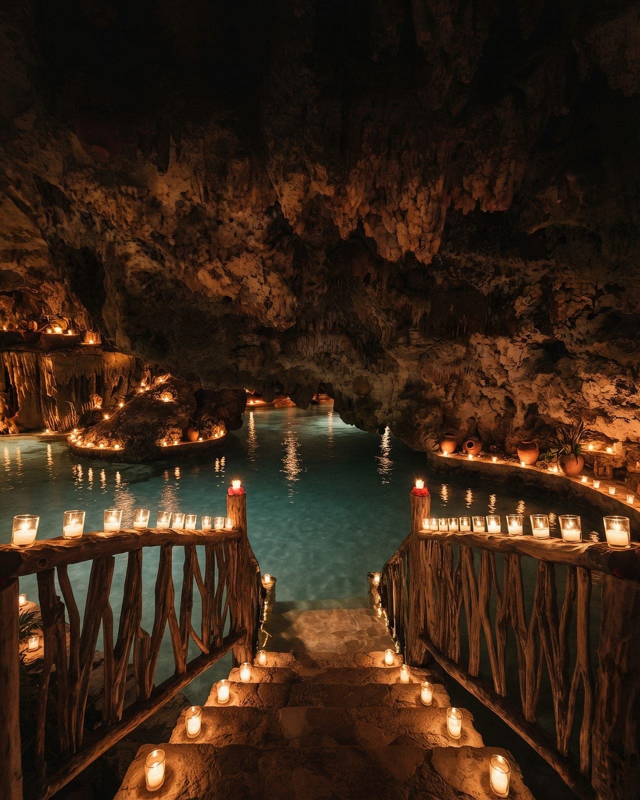 The cenote dressed with hundreds of candles after dark, every flame doubled in the turquoise water