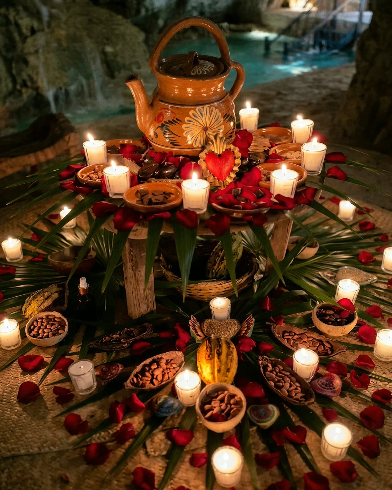 The cacao altar by the water: a painted clay pot on a wooden stand, ringed with candles, rose petals, cacao pods and palm fronds