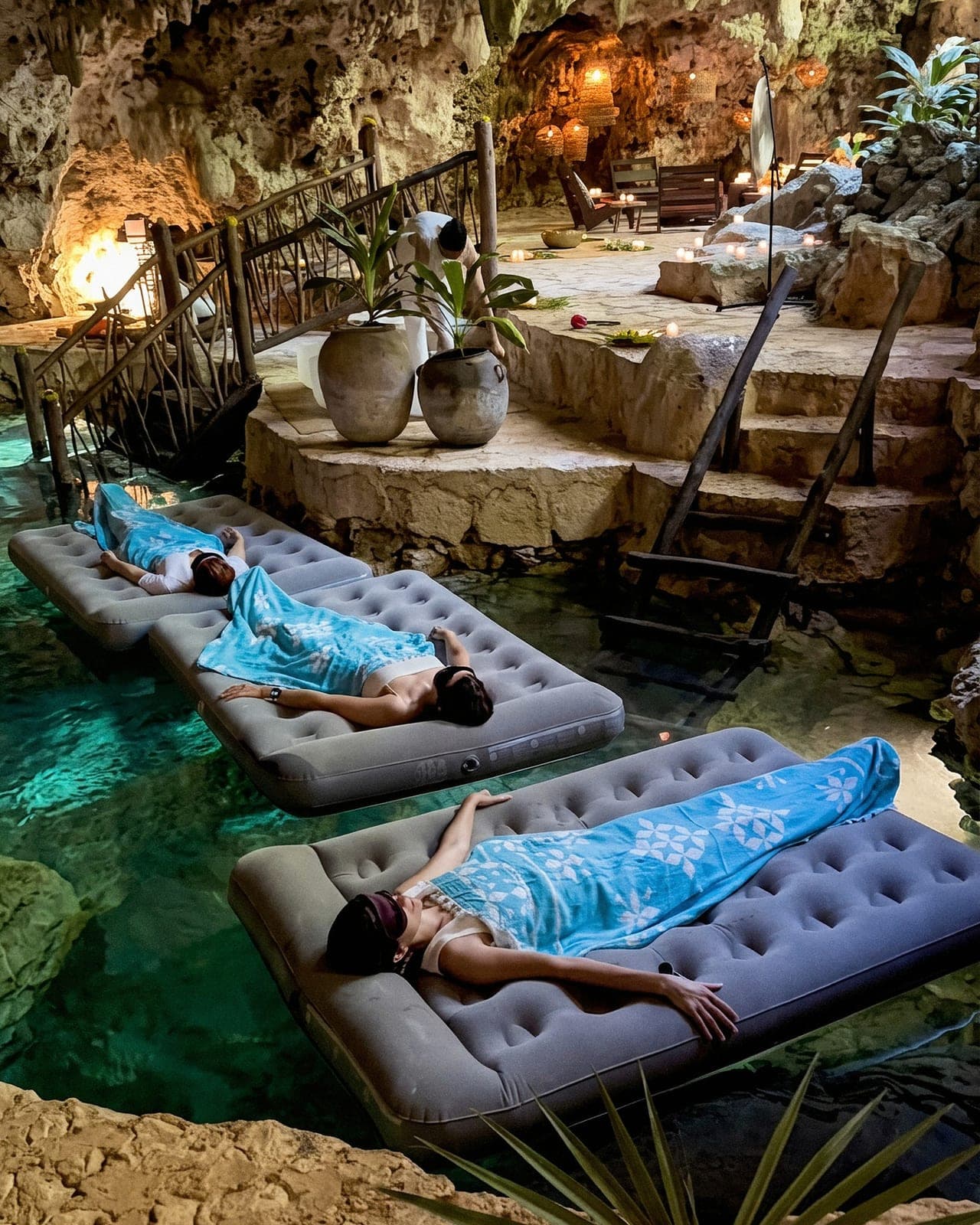Guests floating on the cenote on inflatable beds, the cave lit behind them
