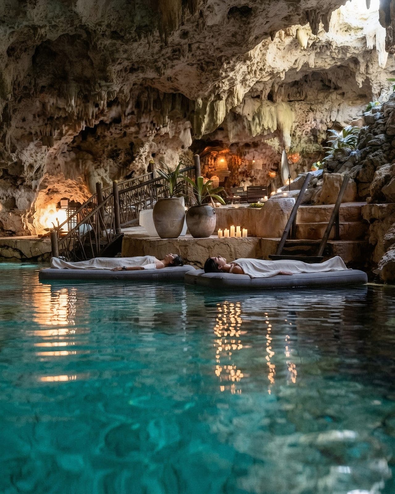 Two guests floating on cushioned mattresses across the clear turquoise cenote, candles along the stone reflected in the water and daylight entering the cave above them