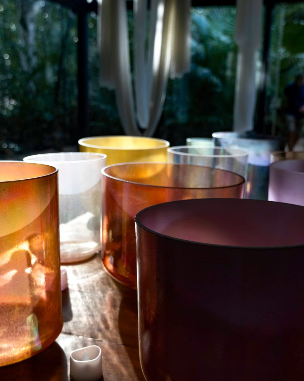 Coloured crystal bowls catching the light