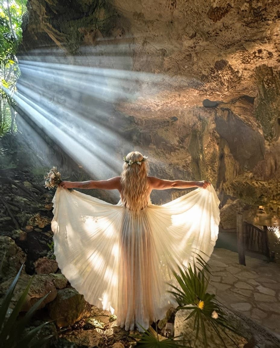 A woman in a long white dress seen from behind at the mouth of the cave, holding the fabric open like wings as shafts of daylight fall across her