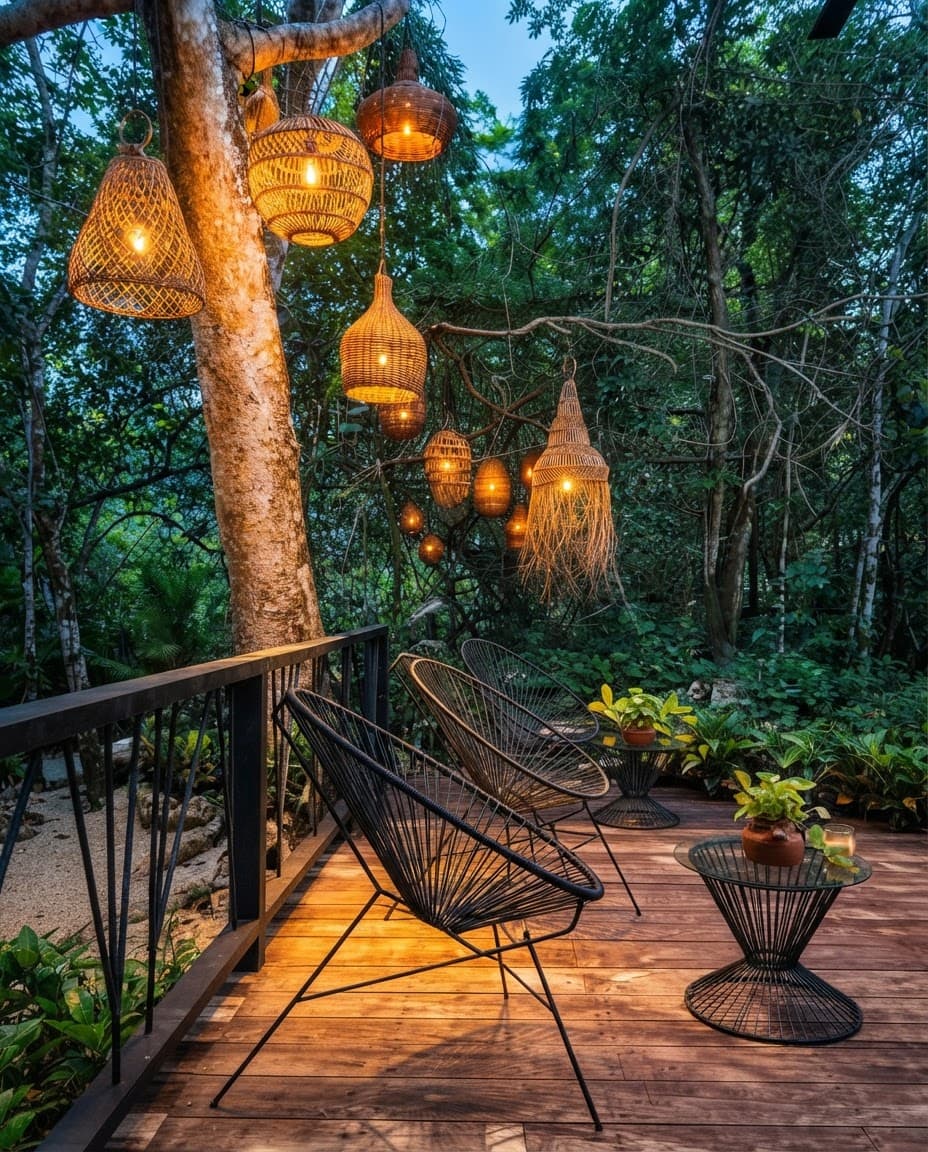 La Selva Lounge at blue hour: woven lanterns lit above the deck, the jungle green behind them