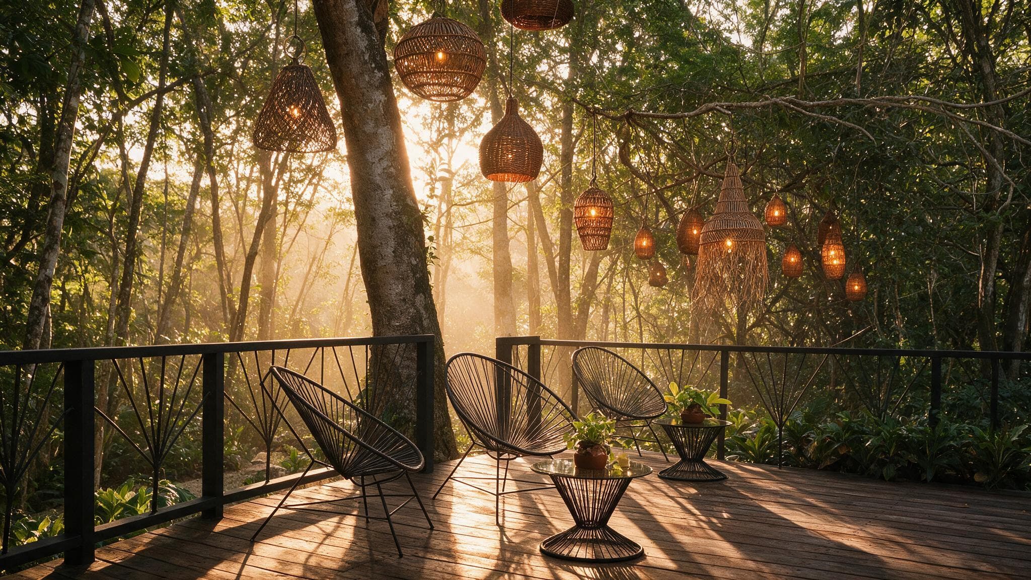 The lounge deck at golden hour, low sun through the trees and the cluster of woven lanterns lit above the chairs