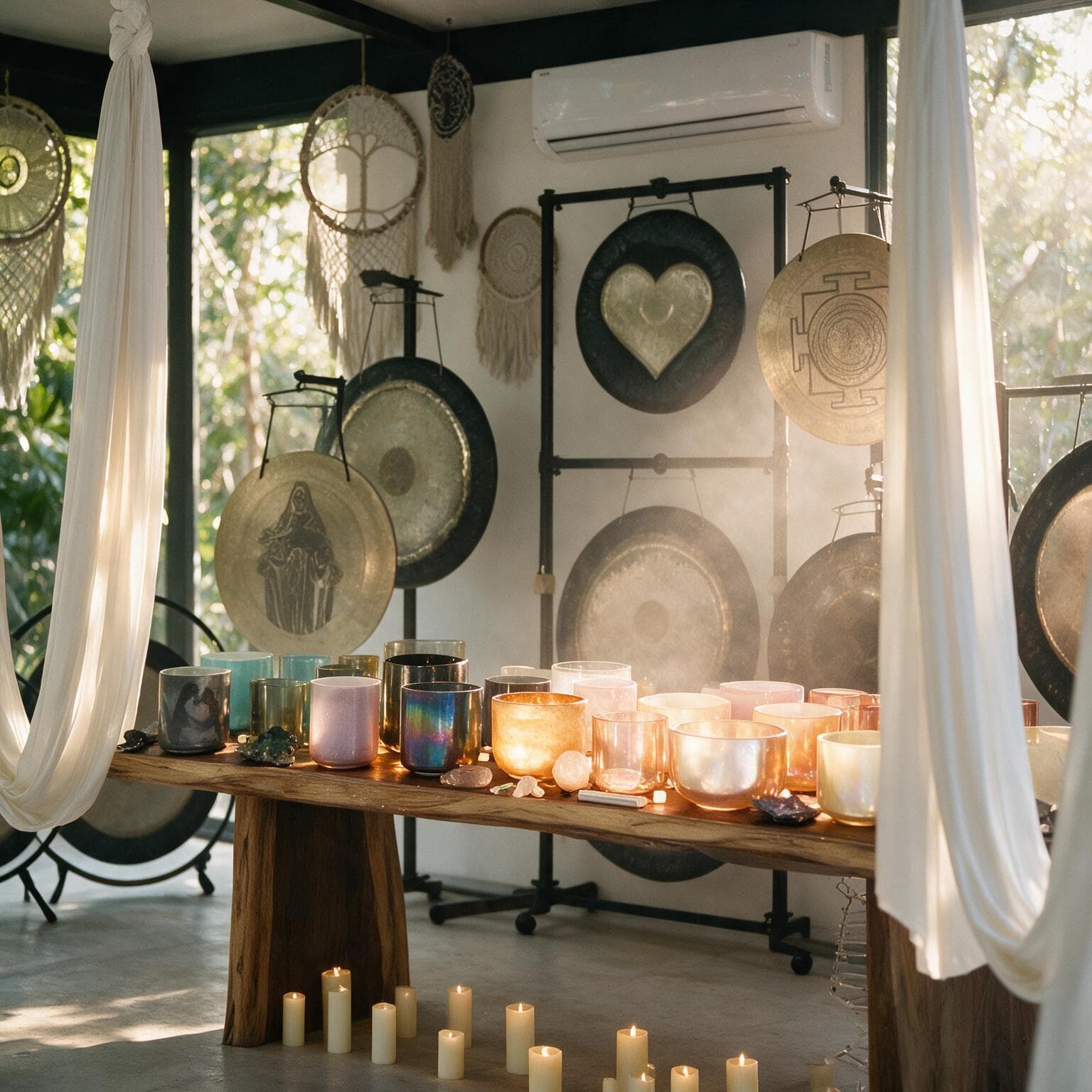 The altar of crystal bowls glowing in late afternoon light, the wall of planetary gongs behind it and white silks falling on both sides