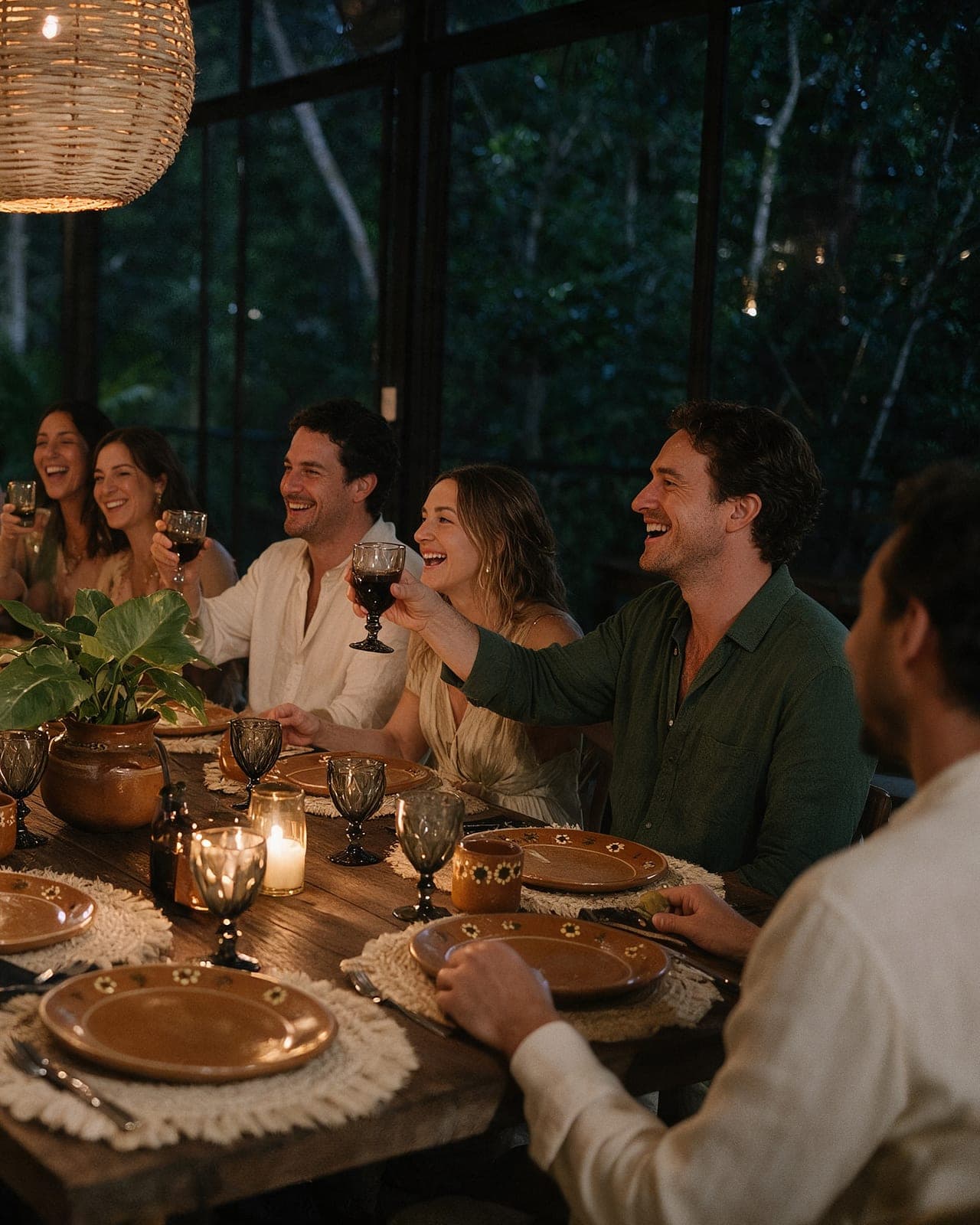Guests along the long wooden table at night, raising glasses under the woven lanterns