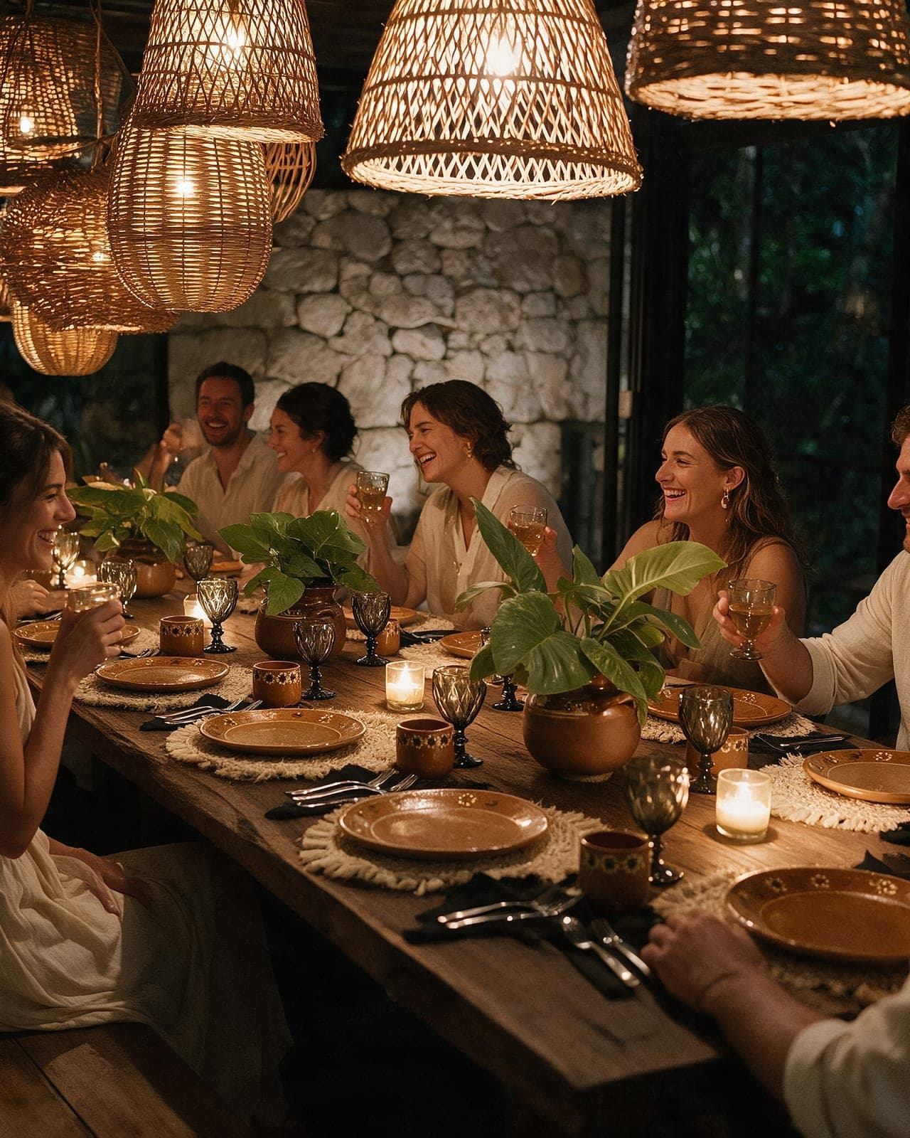 Retreat guests at the long table at La Mesa, glasses raised under the woven lanterns