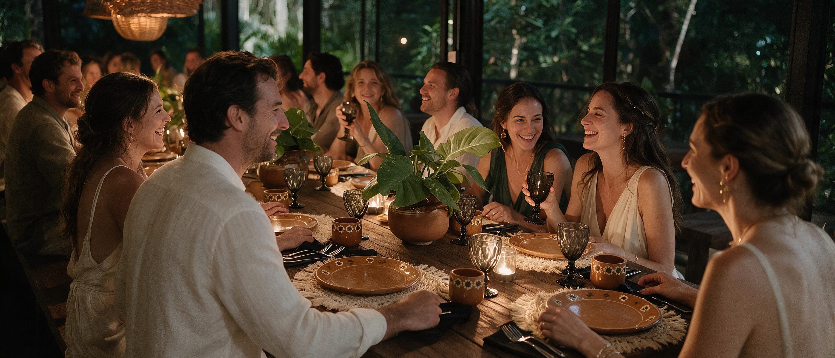 Dinner at La Mesa: the long table, the lanterns, and the jungle at night