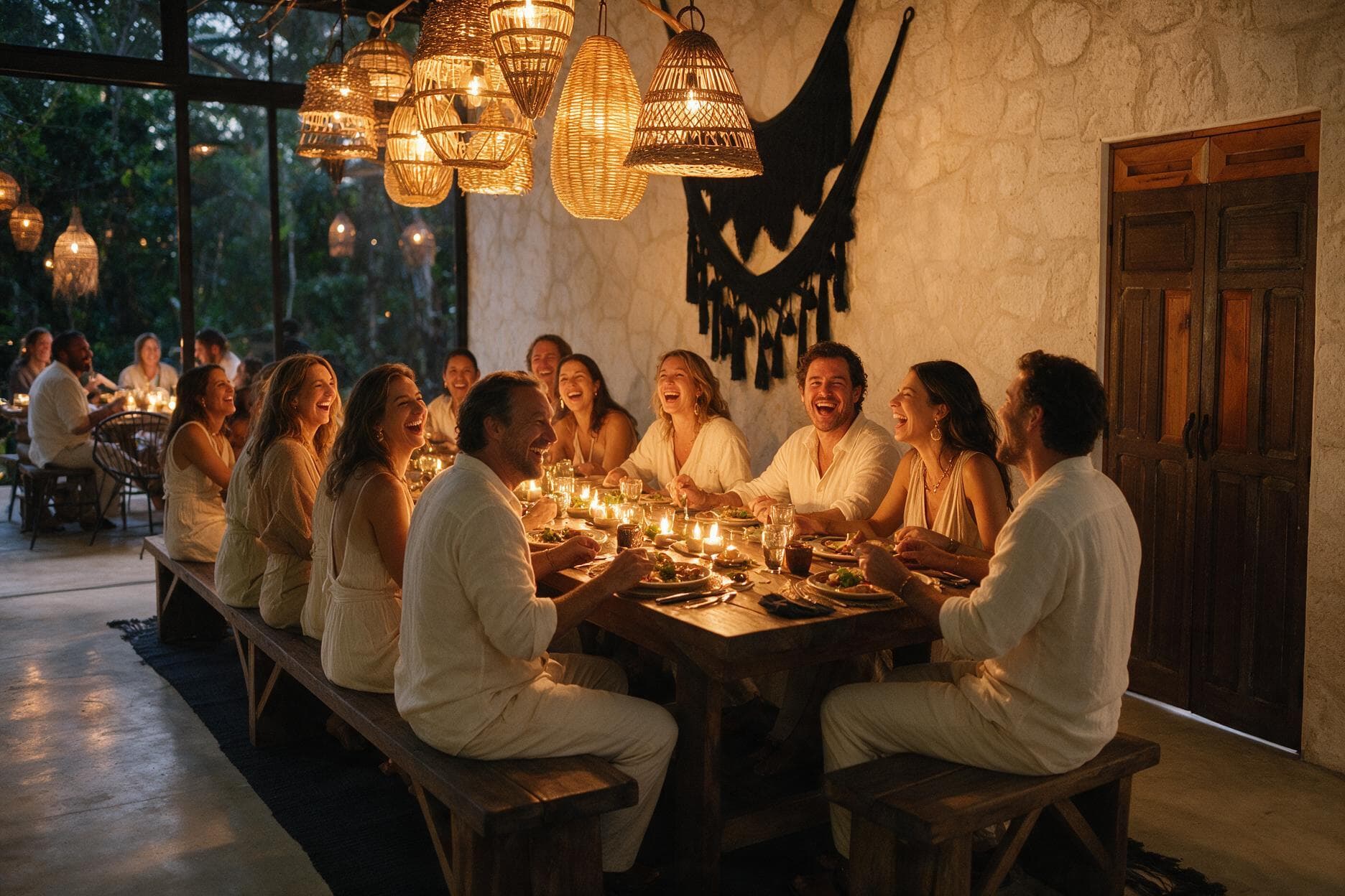 The long table full at night against the stone wall, the woven hammock behind and the lanterns overhead