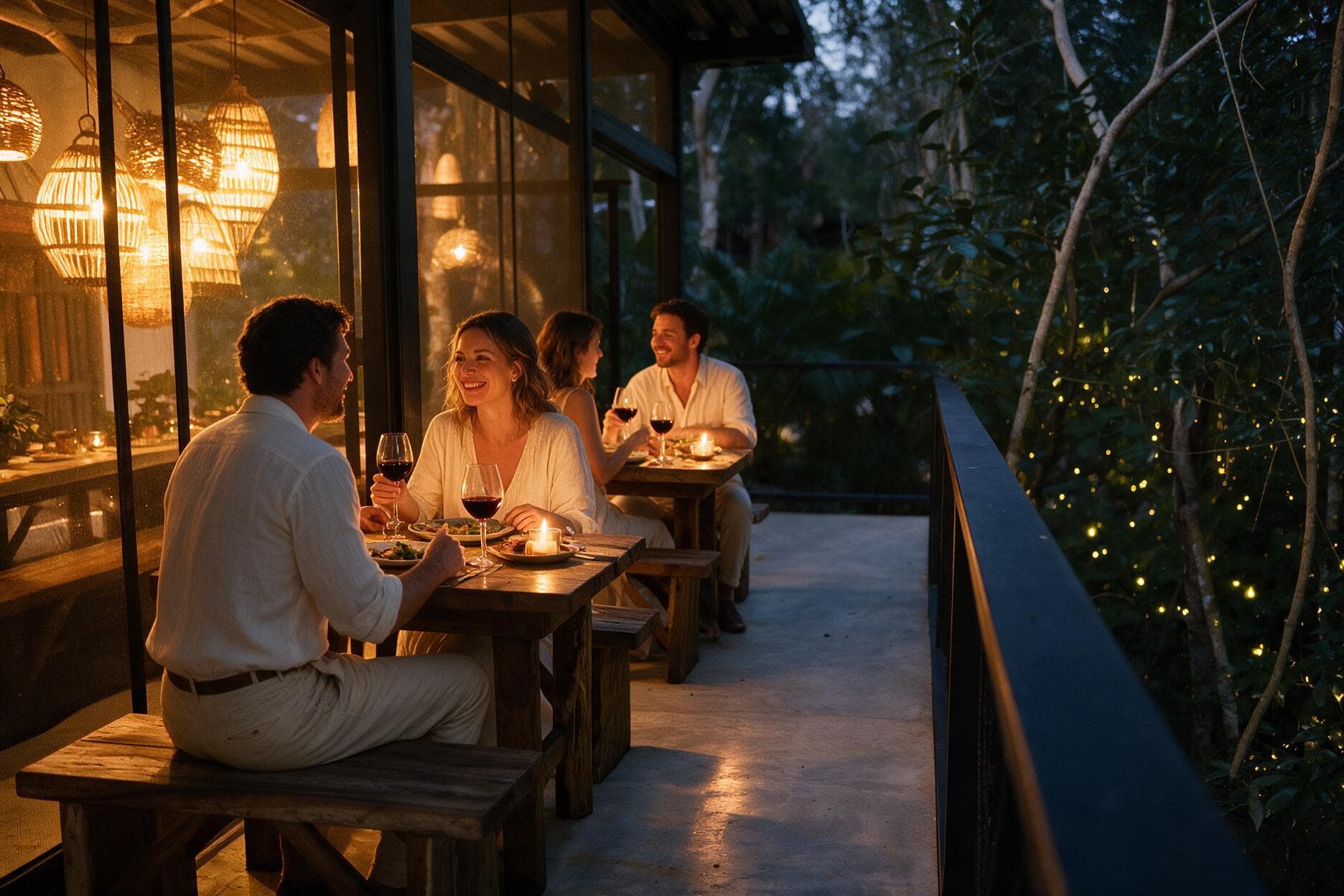 Couples at the small tables on the terrace at night, wine and candles, fireflies over the jungle ravine