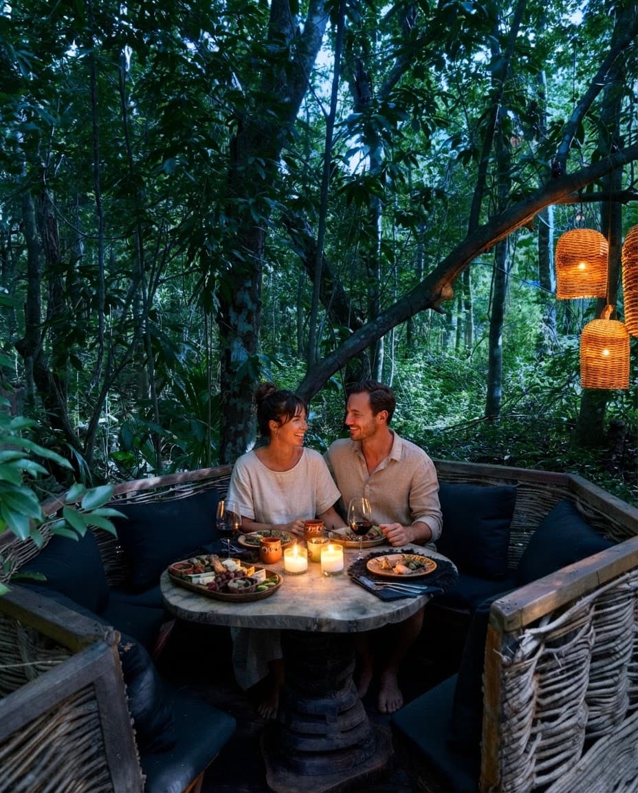 A couple at dinner in El Nido after sunset, candles on the table and the woven lanterns lit above them