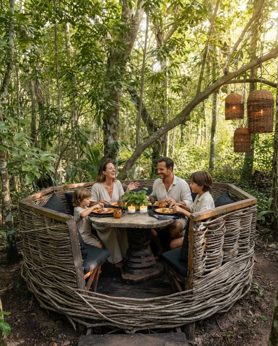 A family of four eating together in El Nido in the late afternoon, golden light falling through the canopy