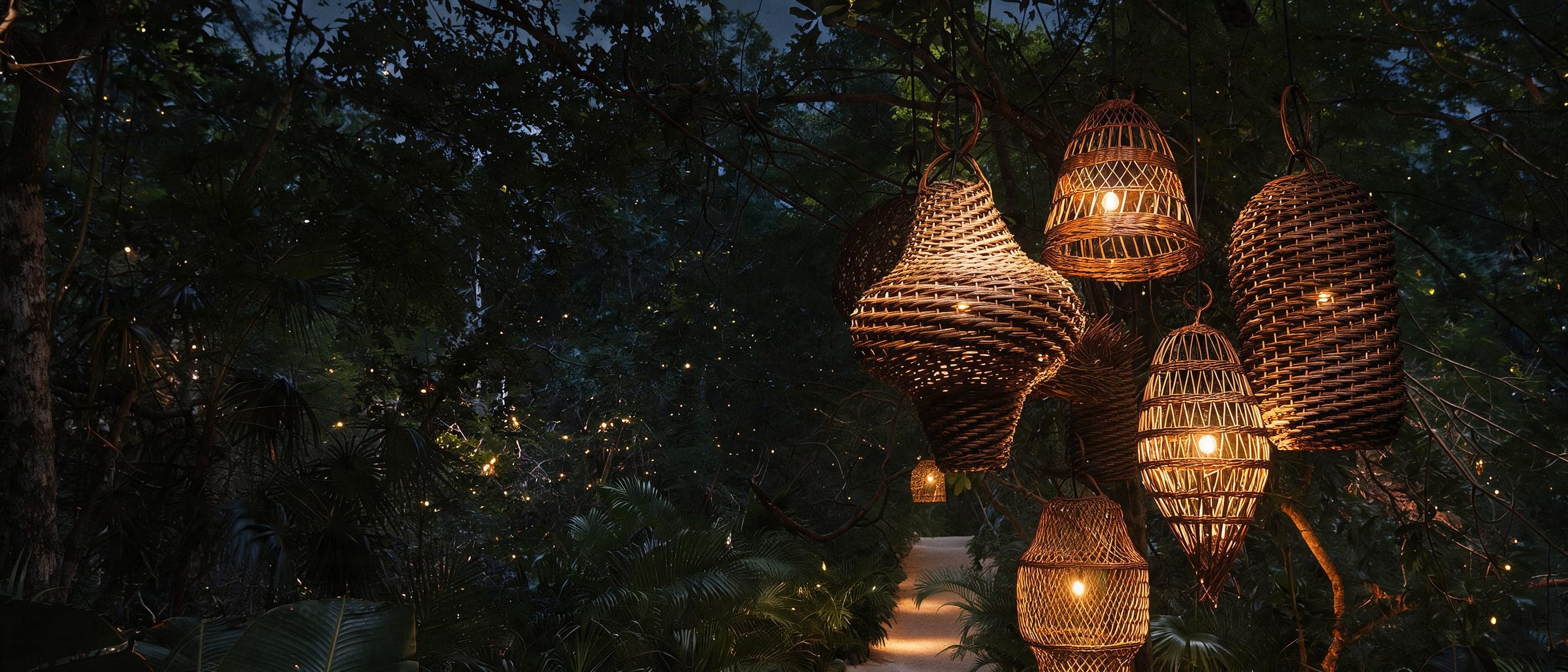 The Pathway of Illumination at night, every woven lantern glowing over the path
