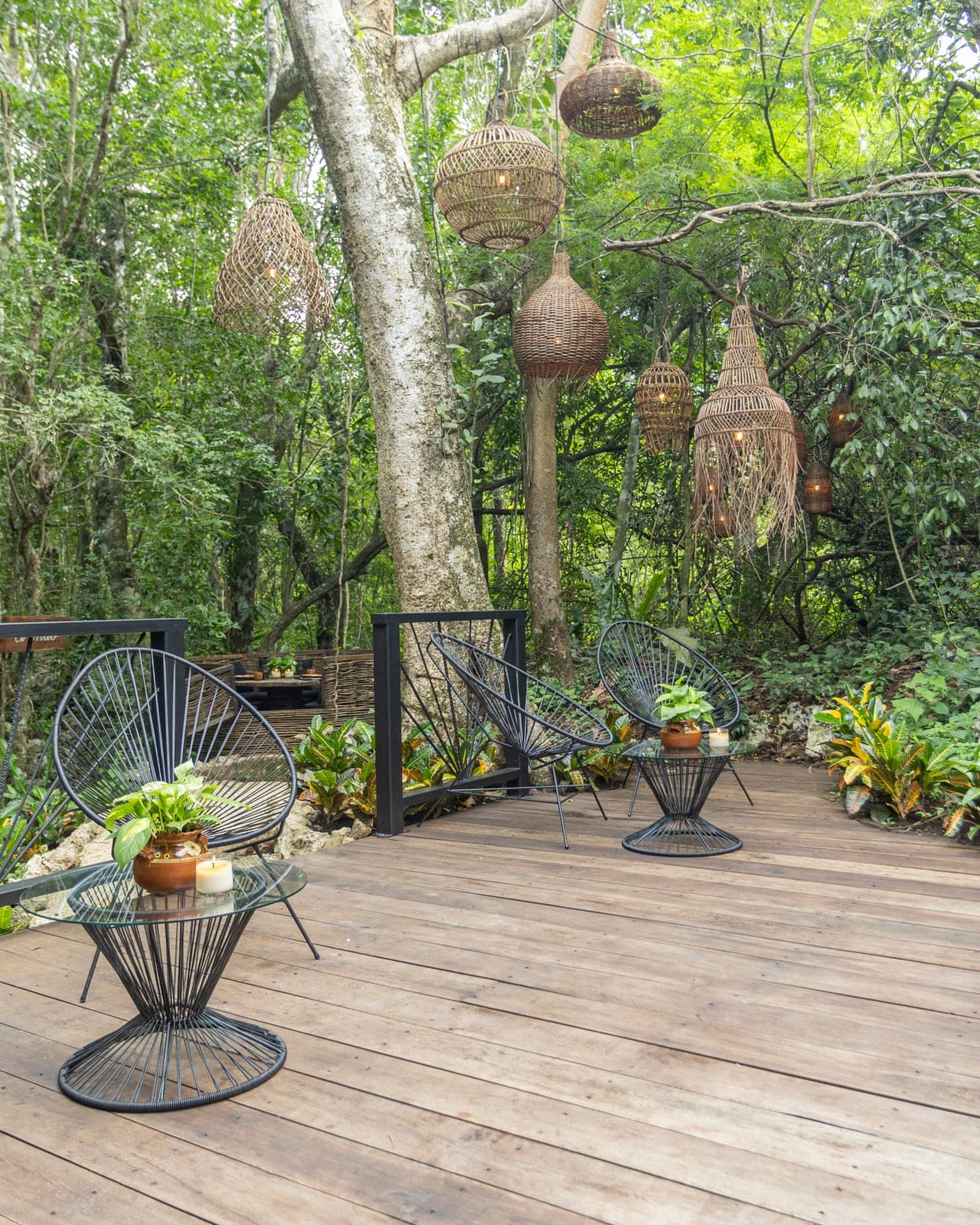 The lounge deck: black Acapulco chairs under lanterns hung from the trees