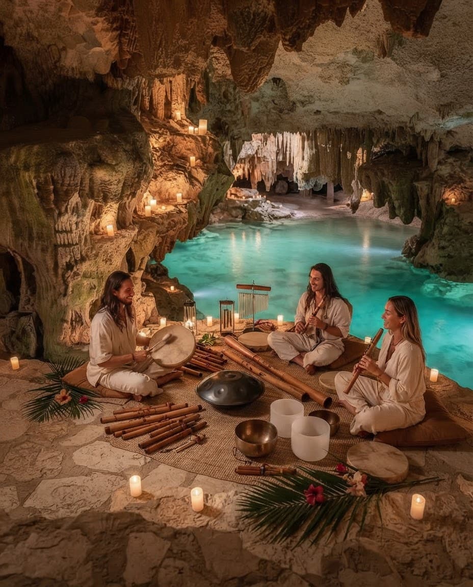 Three Medicine Musicians seated on woven mats at the edge of the cenote, flutes, handpan and crystal bowls between them, candles along the stone