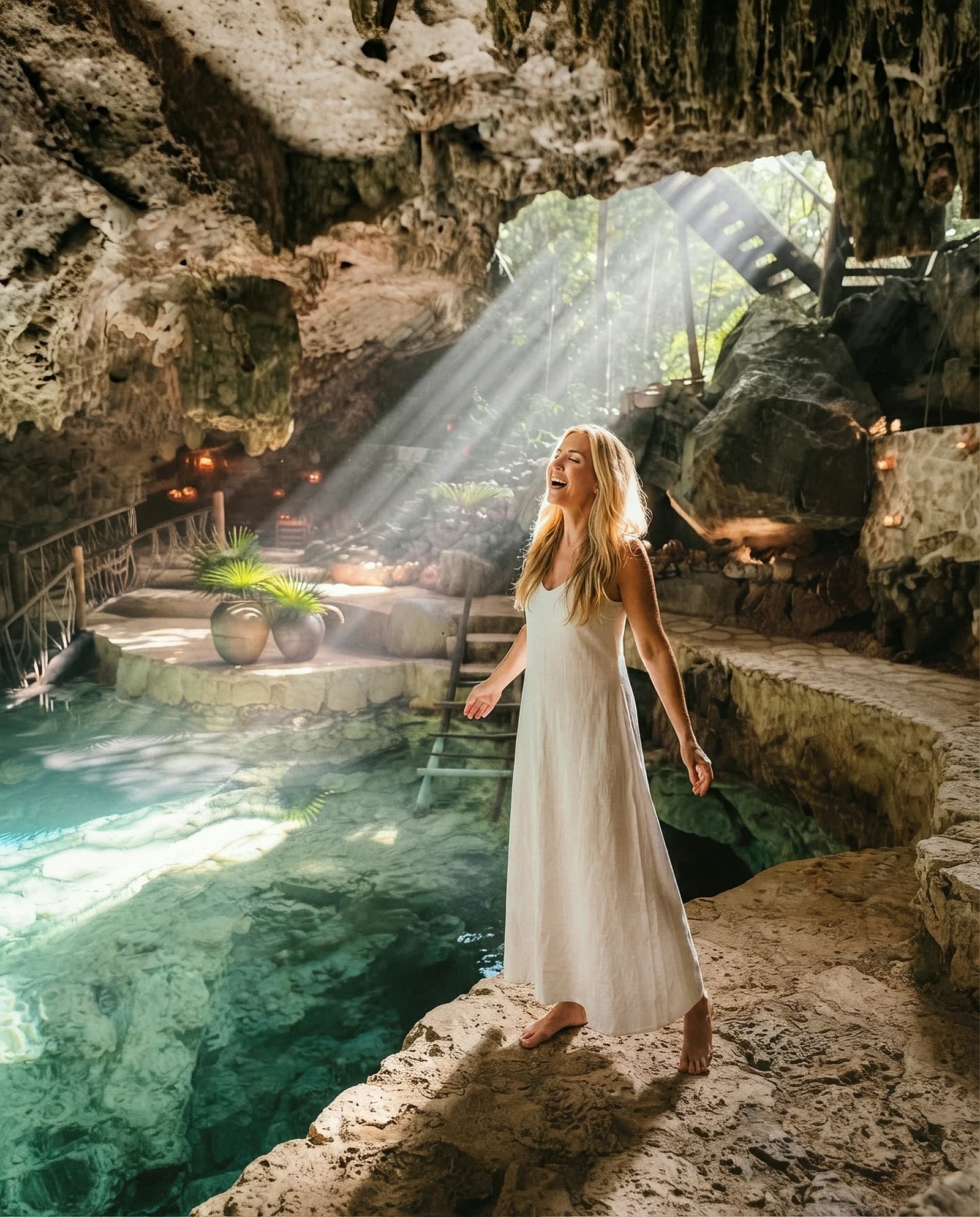 A woman in a white dress singing on the stone ledge of the cenote, a shaft of daylight falling on her through the cave opening